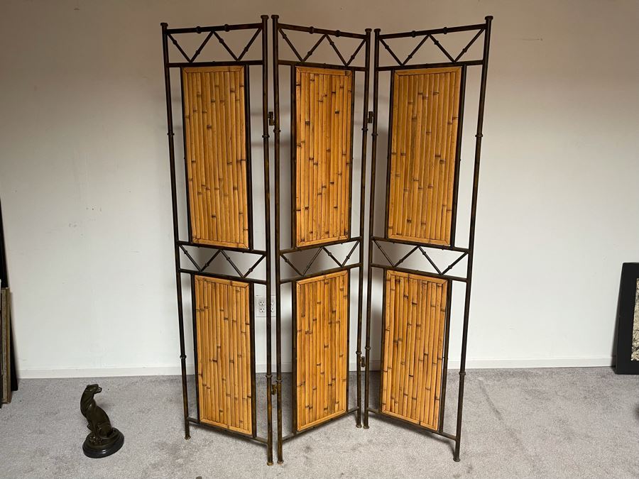 Bamboo And Metal 3-Panel Room Divider Screen 51W X 67H [Photo 2]