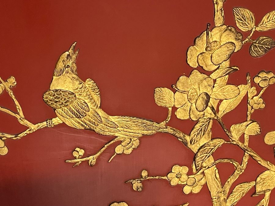 Vintage Chinese 3-Panel Red Wooden Hinged Screen With Gilded Relief Carved Wooden Decorations (Appears To Have Had A 4th Panel) 54.5W X 72H [Photo 21]