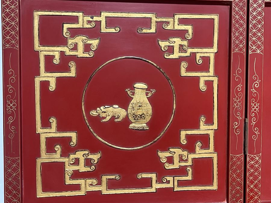 Vintage Chinese 3-Panel Red Wooden Hinged Screen With Gilded Relief Carved Wooden Decorations (Appears To Have Had A 4th Panel) 54.5W X 72H [Photo 9]