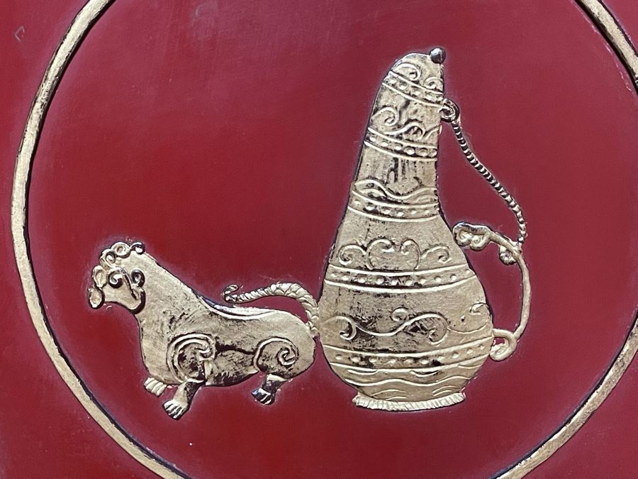 Vintage Chinese 3-Panel Red Wooden Hinged Screen With Gilded Relief Carved Wooden Decorations (Appears To Have Had A 4th Panel) 54.5W X 72H [Photo 17]