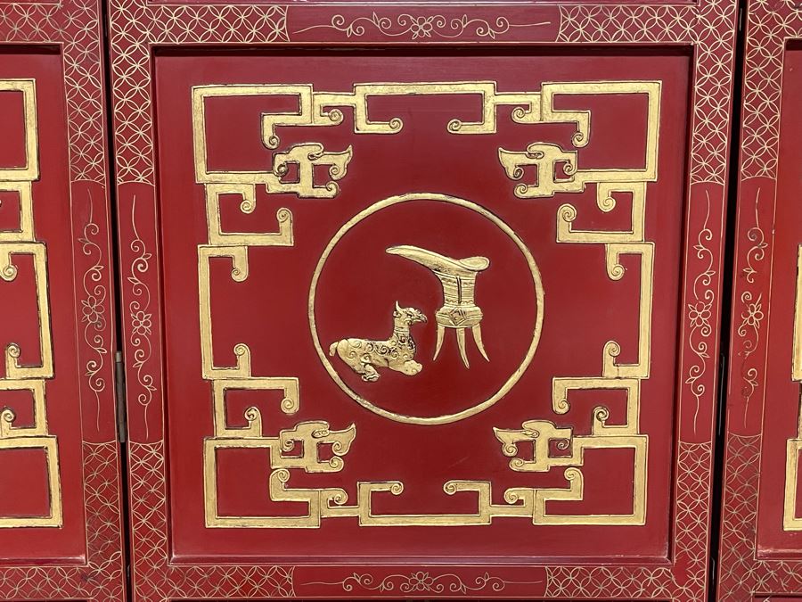Vintage Chinese 3-Panel Red Wooden Hinged Screen With Gilded Relief Carved Wooden Decorations (Appears To Have Had A 4th Panel) 54.5W X 72H [Photo 12]
