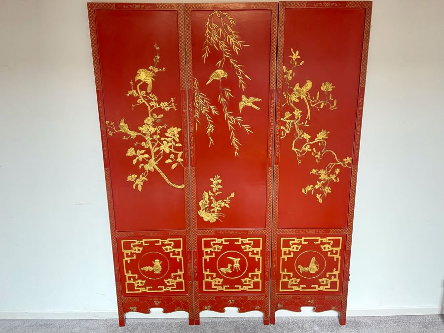 Vintage Chinese 3-Panel Red Wooden Hinged Screen With Gilded Relief Carved Wooden Decorations (Appears To Have Had A 4th Panel) 54.5W X 72H [Photo 3]