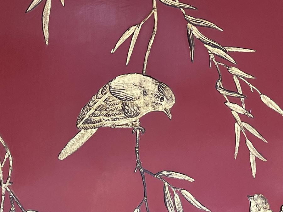 Vintage Chinese 3-Panel Red Wooden Hinged Screen With Gilded Relief Carved Wooden Decorations (Appears To Have Had A 4th Panel) 54.5W X 72H [Photo 22]