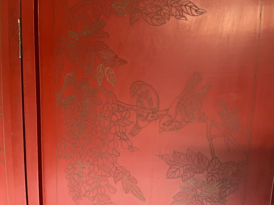 Vintage Chinese 3-Panel Red Wooden Hinged Screen With Gilded Relief Carved Wooden Decorations (Appears To Have Had A 4th Panel) 54.5W X 72H [Photo 32]