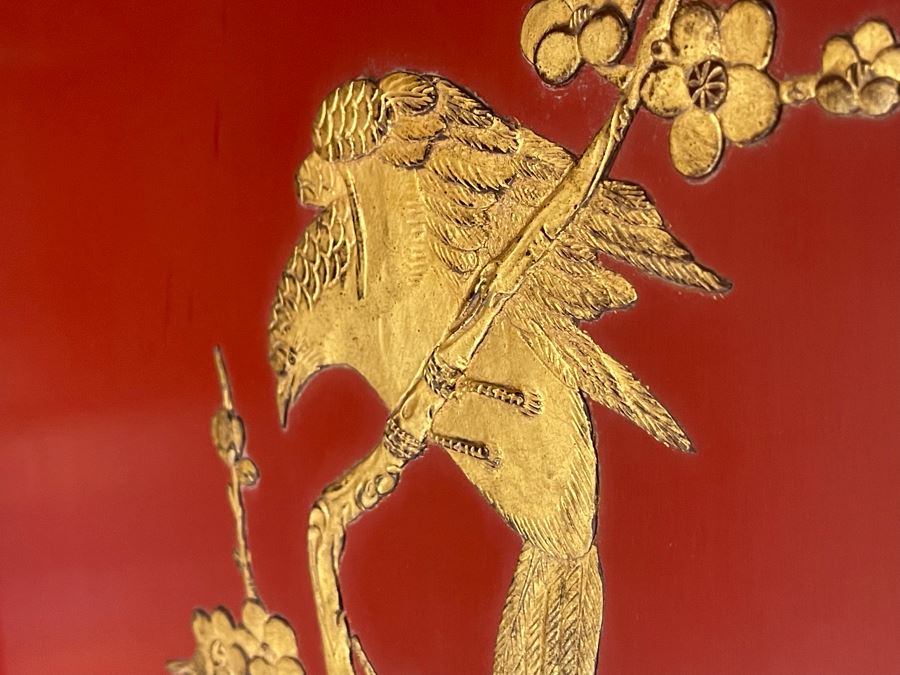 Vintage Chinese 3-Panel Red Wooden Hinged Screen With Gilded Relief Carved Wooden Decorations (Appears To Have Had A 4th Panel) 54.5W X 72H [Photo 6]