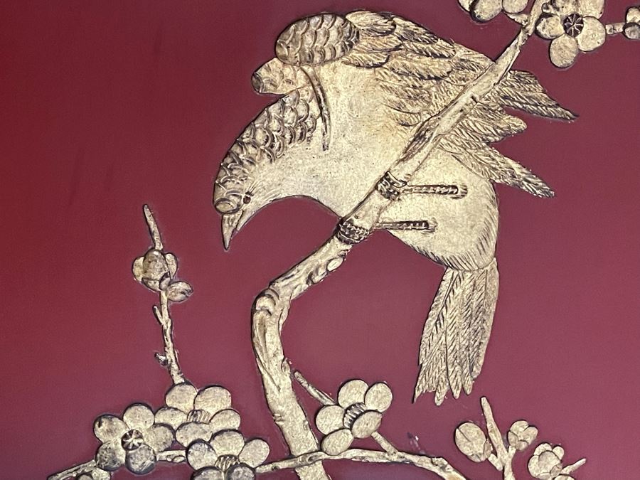 Vintage Chinese 3-Panel Red Wooden Hinged Screen With Gilded Relief Carved Wooden Decorations (Appears To Have Had A 4th Panel) 54.5W X 72H [Photo 20]