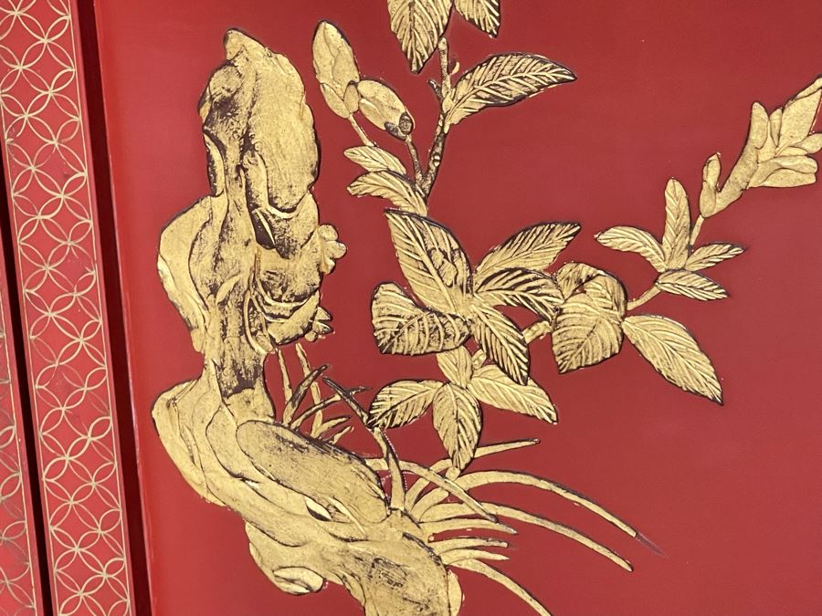 Vintage Chinese 3-Panel Red Wooden Hinged Screen With Gilded Relief Carved Wooden Decorations (Appears To Have Had A 4th Panel) 54.5W X 72H [Photo 19]