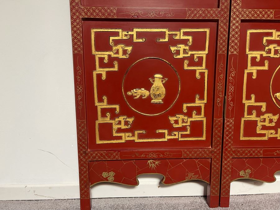 Vintage Chinese 3-Panel Red Wooden Hinged Screen With Gilded Relief Carved Wooden Decorations (Appears To Have Had A 4th Panel) 54.5W X 72H [Photo 7]