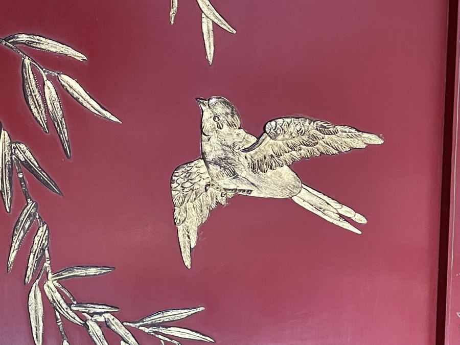 Vintage Chinese 3-Panel Red Wooden Hinged Screen With Gilded Relief Carved Wooden Decorations (Appears To Have Had A 4th Panel) 54.5W X 72H [Photo 23]