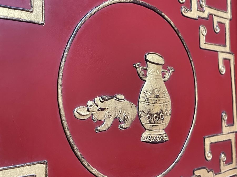 Vintage Chinese 3-Panel Red Wooden Hinged Screen With Gilded Relief Carved Wooden Decorations (Appears To Have Had A 4th Panel) 54.5W X 72H [Photo 11]