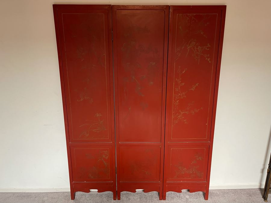 Vintage Chinese 3-Panel Red Wooden Hinged Screen With Gilded Relief Carved Wooden Decorations (Appears To Have Had A 4th Panel) 54.5W X 72H [Photo 29]