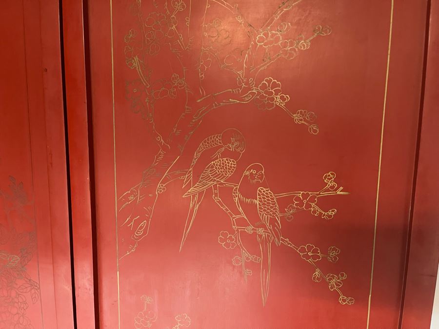 Vintage Chinese 3-Panel Red Wooden Hinged Screen With Gilded Relief Carved Wooden Decorations (Appears To Have Had A 4th Panel) 54.5W X 72H [Photo 31]