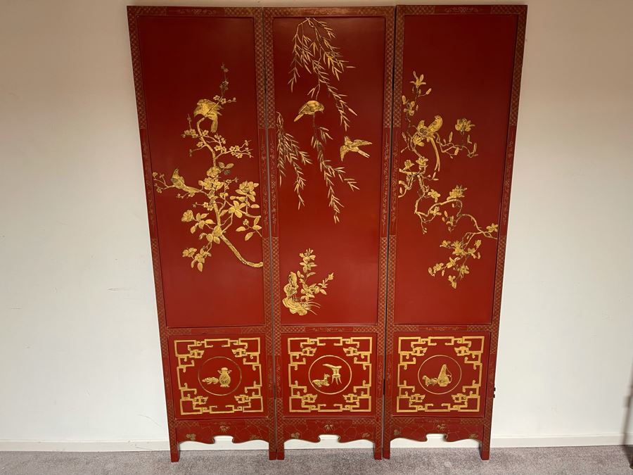 Vintage Chinese 3-Panel Red Wooden Hinged Screen With Gilded Relief Carved Wooden Decorations (Appears To Have Had A 4th Panel) 54.5W X 72H [Photo 4]