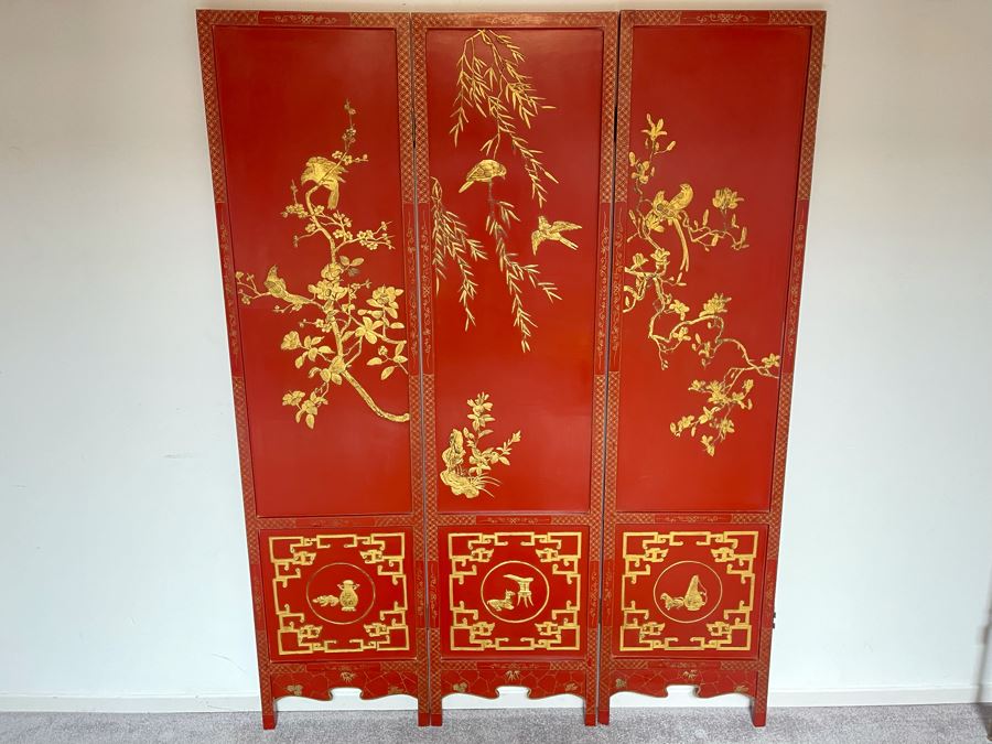 Vintage Chinese 3-Panel Red Wooden Hinged Screen With Gilded Relief Carved Wooden Decorations (Appears To Have Had A 4th Panel) 54.5W X 72H [Photo 2]