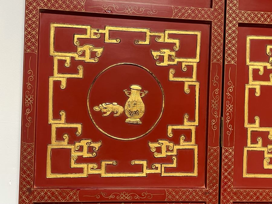 Vintage Chinese 3-Panel Red Wooden Hinged Screen With Gilded Relief Carved Wooden Decorations (Appears To Have Had A 4th Panel) 54.5W X 72H [Photo 8]