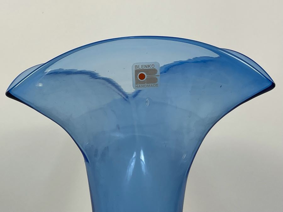 Large Blenko Glass Footed Blue Vase 16H [Photo 4]