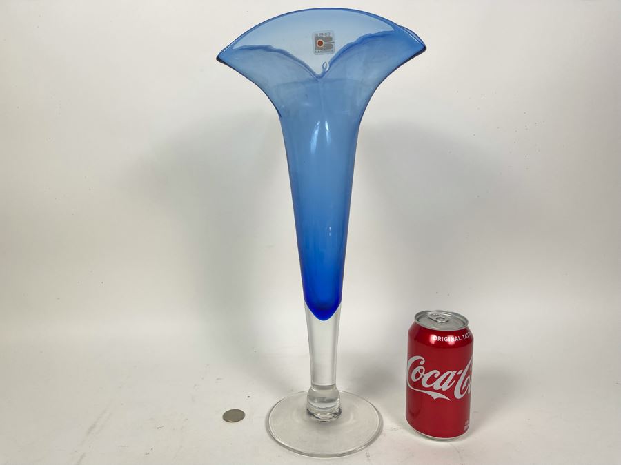 Large Blenko Glass Footed Blue Vase 16H [Photo 1]
