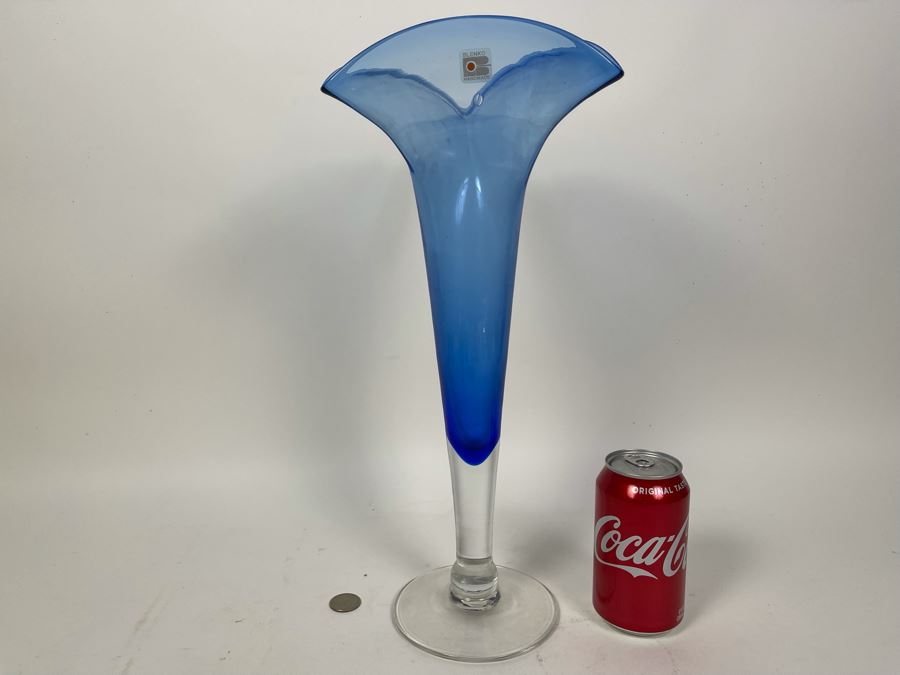 Large Blenko Glass Footed Blue Vase 16H [Photo 2]