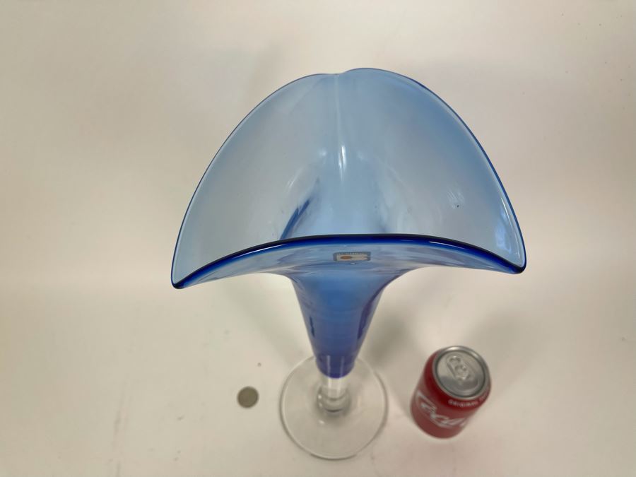 Large Blenko Glass Footed Blue Vase 16H [Photo 5]
