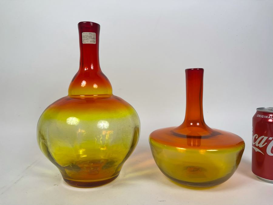 Pair Of Blenko Glass Reddish Orange Bottles 11H And 8H [Photo 2]