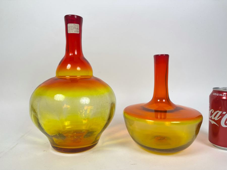 Pair Of Blenko Glass Reddish Orange Bottles 11H And 8H [Photo 1]
