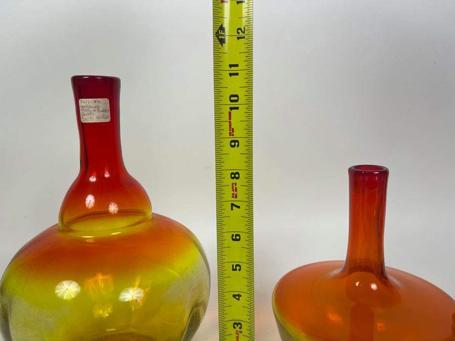 Pair Of Blenko Glass Reddish Orange Bottles 11H And 8H [Photo 6]