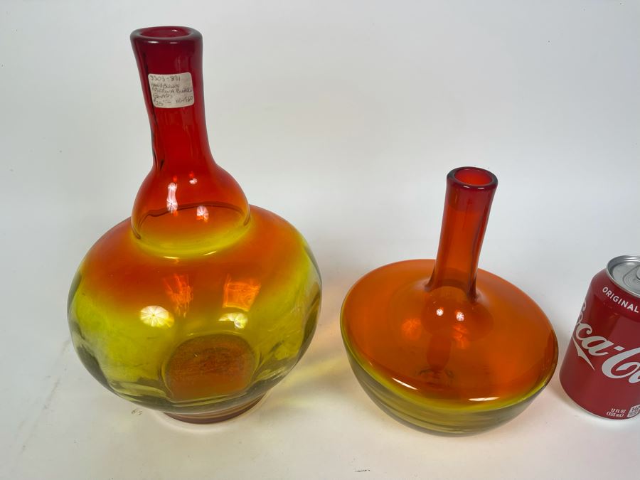 Pair Of Blenko Glass Reddish Orange Bottles 11H And 8H [Photo 4]