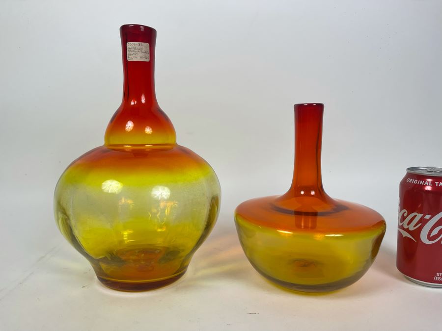 Pair Of Blenko Glass Reddish Orange Bottles 11H And 8H [Photo 3]