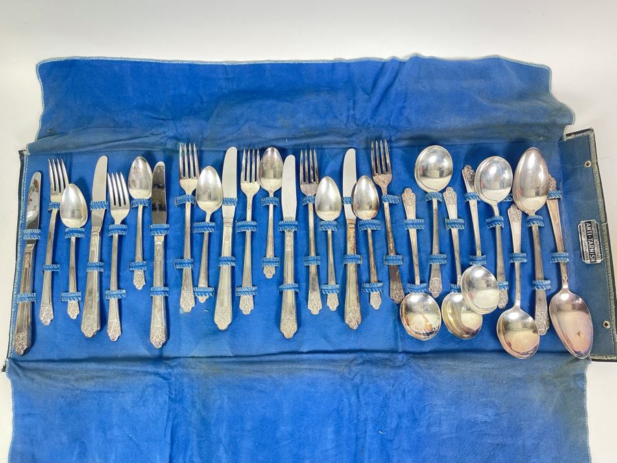 Service For Six Rogers Silverplate Flatware Precious Pattern With Silver Storage Cloth [Photo 1]