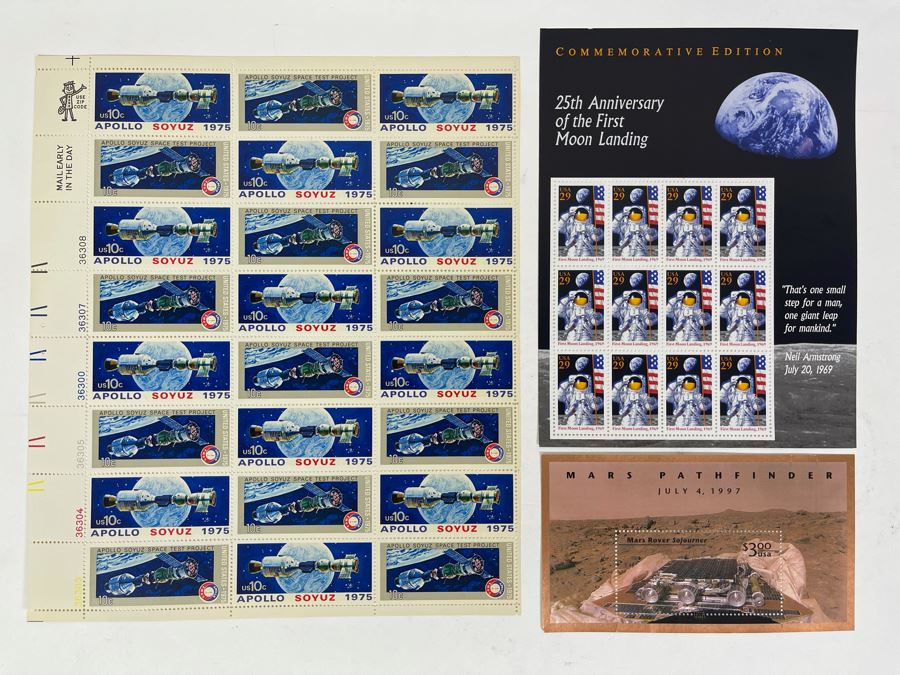 Mint Apollo Soyuz 1975 Stamp Sheet, Commemorative Edition Of 25th Anniversary First Moon Landing Mint Stamps And Mars Pathfinder 1997 Mint $3 Stamp [Photo 1]