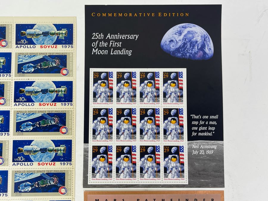 Mint Apollo Soyuz 1975 Stamp Sheet, Commemorative Edition Of 25th Anniversary First Moon Landing Mint Stamps And Mars Pathfinder 1997 Mint $3 Stamp [Photo 6]