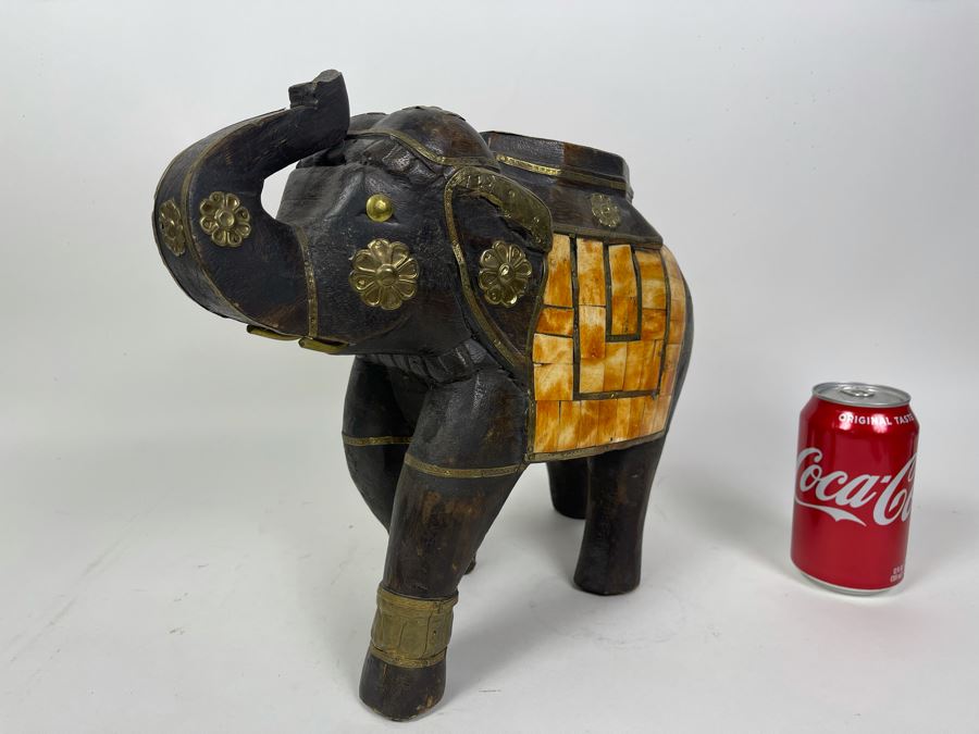 Handmade Wooden, Brass And Inlaid Bone Elephant From India 14W X 6D X 12H [Photo 4]