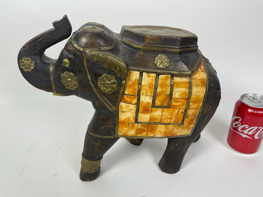 Handmade Wooden, Brass And Inlaid Bone Elephant From India 14W X 6D X 12H [Photo 3]
