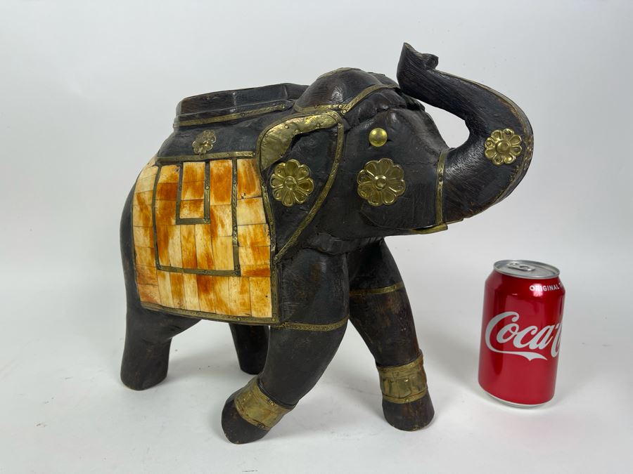 Handmade Wooden, Brass And Inlaid Bone Elephant From India 14W X 6D X 12H [Photo 5]
