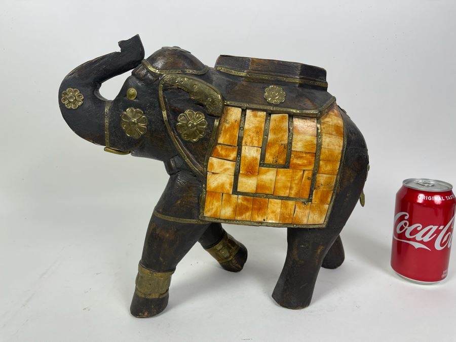 Handmade Wooden, Brass And Inlaid Bone Elephant From India 14W X 6D X 12H [Photo 2]