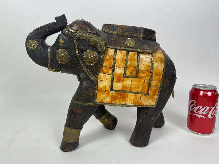 Handmade Wooden, Brass And Inlaid Bone Elephant From India 14W X 6D X 12H [Photo 1]