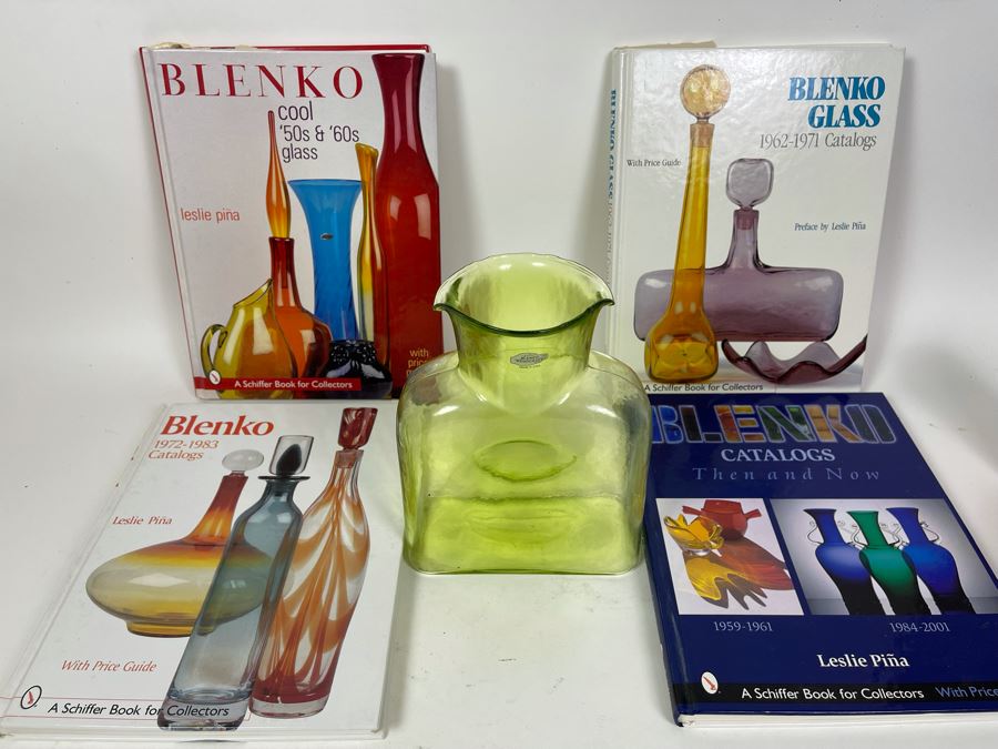 Collection Of Four Blenko Glass Collector's Books And Green Blenko Glass Jar 8H [Photo 1]