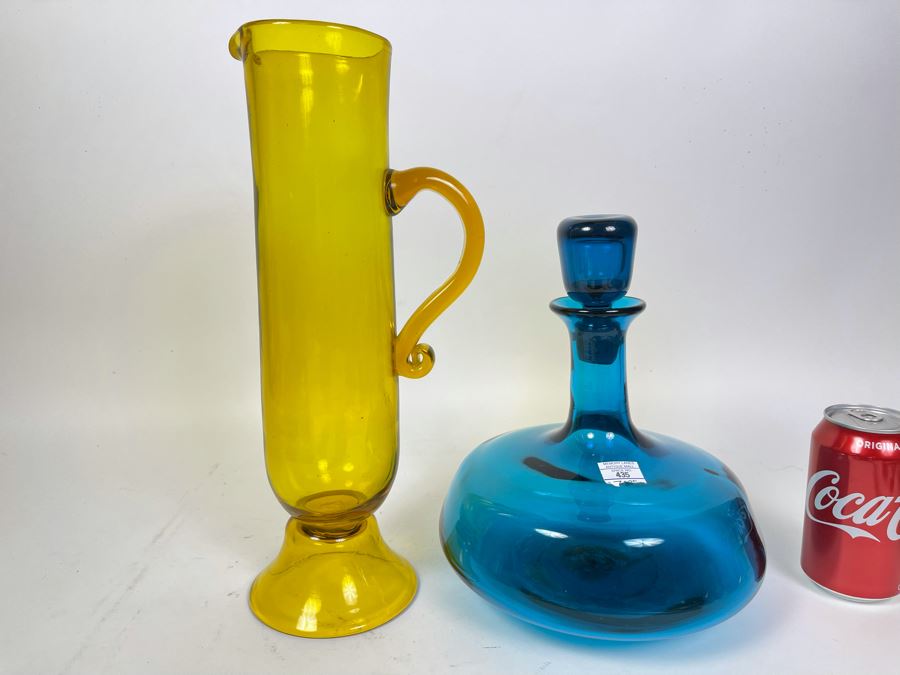 Hand Blown Glass Yellow Pitcher With Handle 14H And Blue Bottle With Stopper 11H