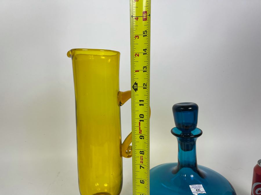 Hand Blown Glass Yellow Pitcher With Handle 14H And Blue Bottle With Stopper 11H [Photo 5]