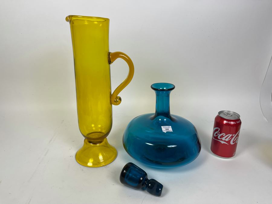 Hand Blown Glass Yellow Pitcher With Handle 14H And Blue Bottle With Stopper 11H [Photo 4]