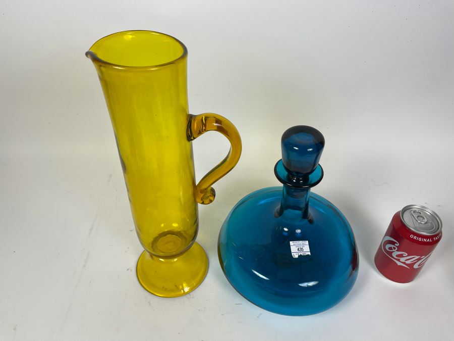 Hand Blown Glass Yellow Pitcher With Handle 14H And Blue Bottle With Stopper 11H [Photo 3]