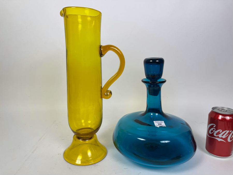 Hand Blown Glass Yellow Pitcher With Handle 14H And Blue Bottle With Stopper 11H [Photo 2]