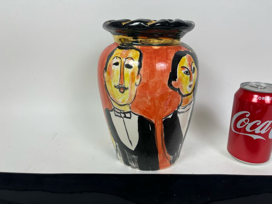 Black Frankoma Pottery Centerpiece Bowl And Hand Painted Vase Signed Pauli 9H [Photo 6]