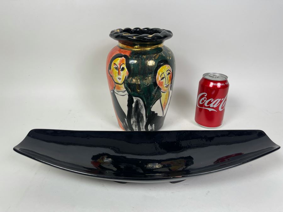 Black Frankoma Pottery Centerpiece Bowl And Hand Painted Vase Signed Pauli 9H