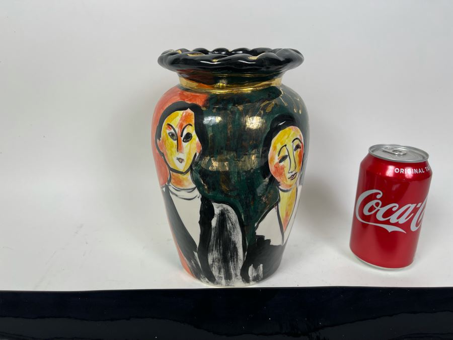 Black Frankoma Pottery Centerpiece Bowl And Hand Painted Vase Signed Pauli 9H [Photo 4]