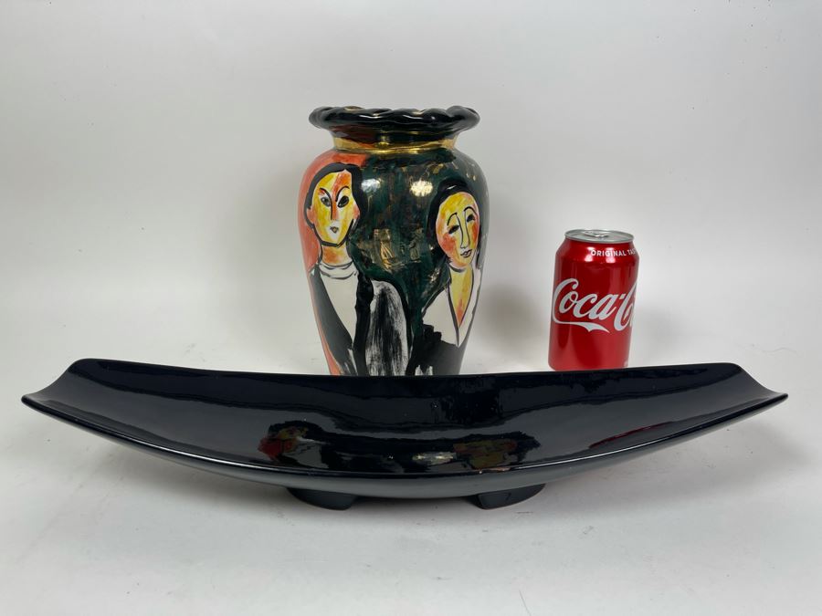 Black Frankoma Pottery Centerpiece Bowl And Hand Painted Vase Signed Pauli 9H [Photo 2]