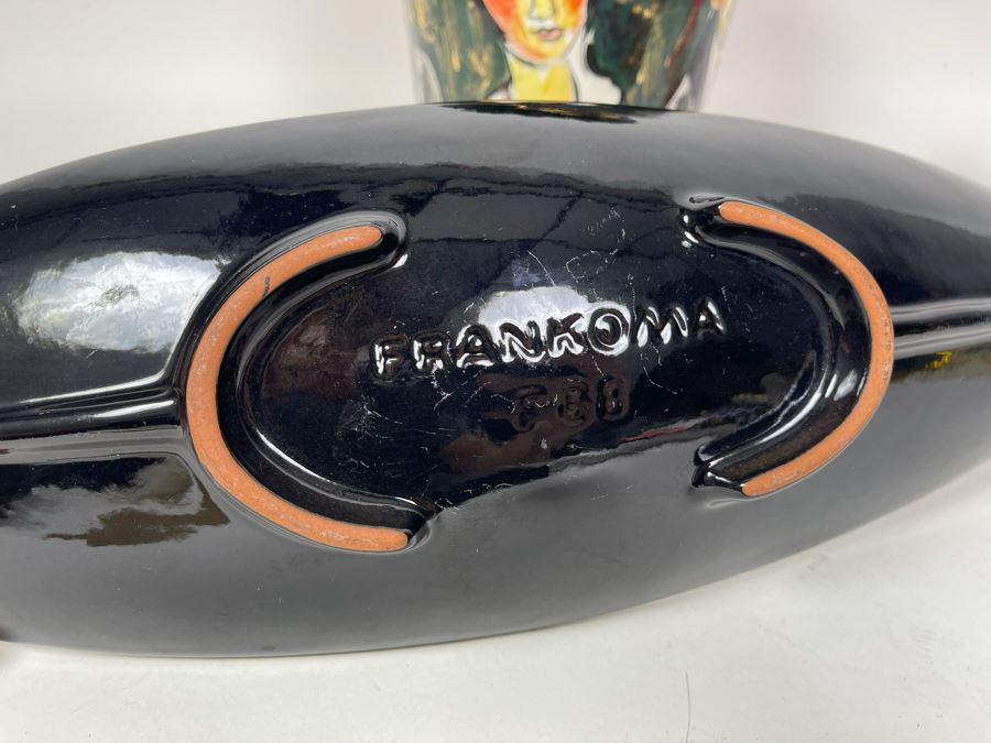 Black Frankoma Pottery Centerpiece Bowl And Hand Painted Vase Signed Pauli 9H [Photo 8]