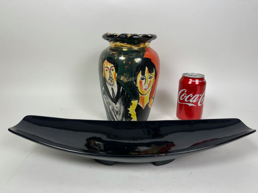 Black Frankoma Pottery Centerpiece Bowl And Hand Painted Vase Signed Pauli 9H [Photo 5]
