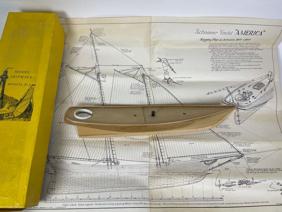 Vintage 1967 Model Shipways Partially Built Model With Plans And Original Box Schooner Yacht 'America' 1851 (Uncertain If Complete)