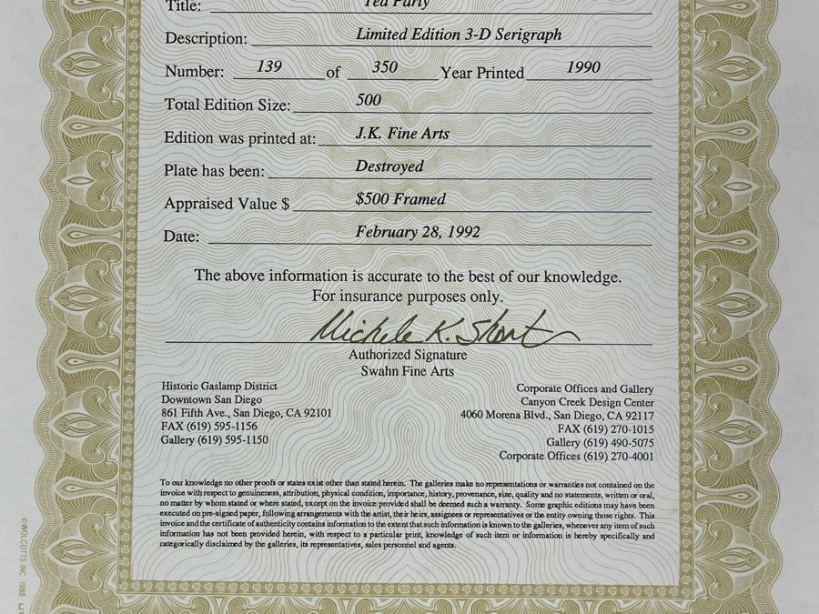 James Rizzi (1950-2011) American Pop Artist Framed Limited Edition 3-D Serigraph Titled 'Tea Party' Signed 139 Of 350 1990 With Certificate Of Authenticity 8.5 X 10.5 Estimate $1,000-$2,900 [Photo 16]